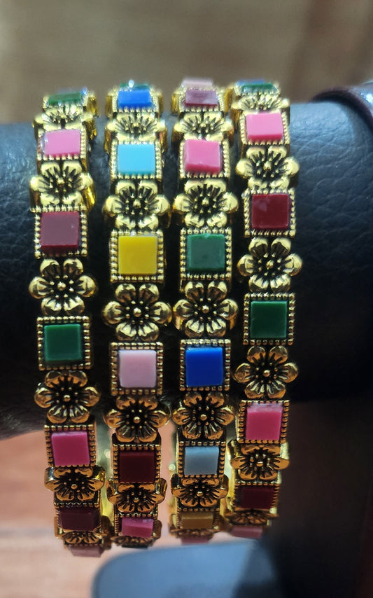 Elegant Multicolor Enamel Gold-Toned Bangles Set jewelry