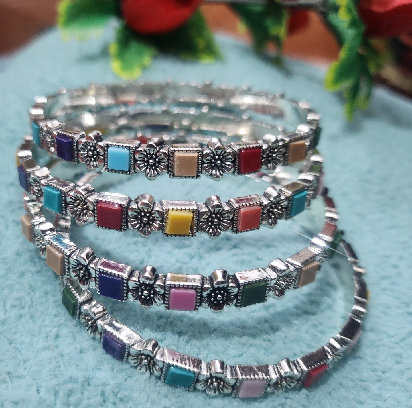 Stylish Silver-Plated Multicolor Enamel Bangles Set jewelry