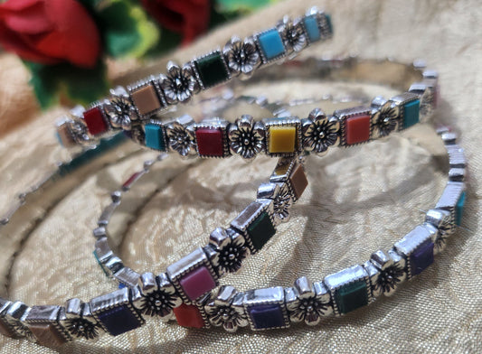 Stylish Silver-Plated Multicolor Enamel Bangles Set jewelry