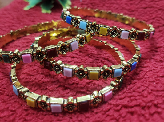 Elegant Multicolor Enamel Gold-Toned Bangles Set jewelry