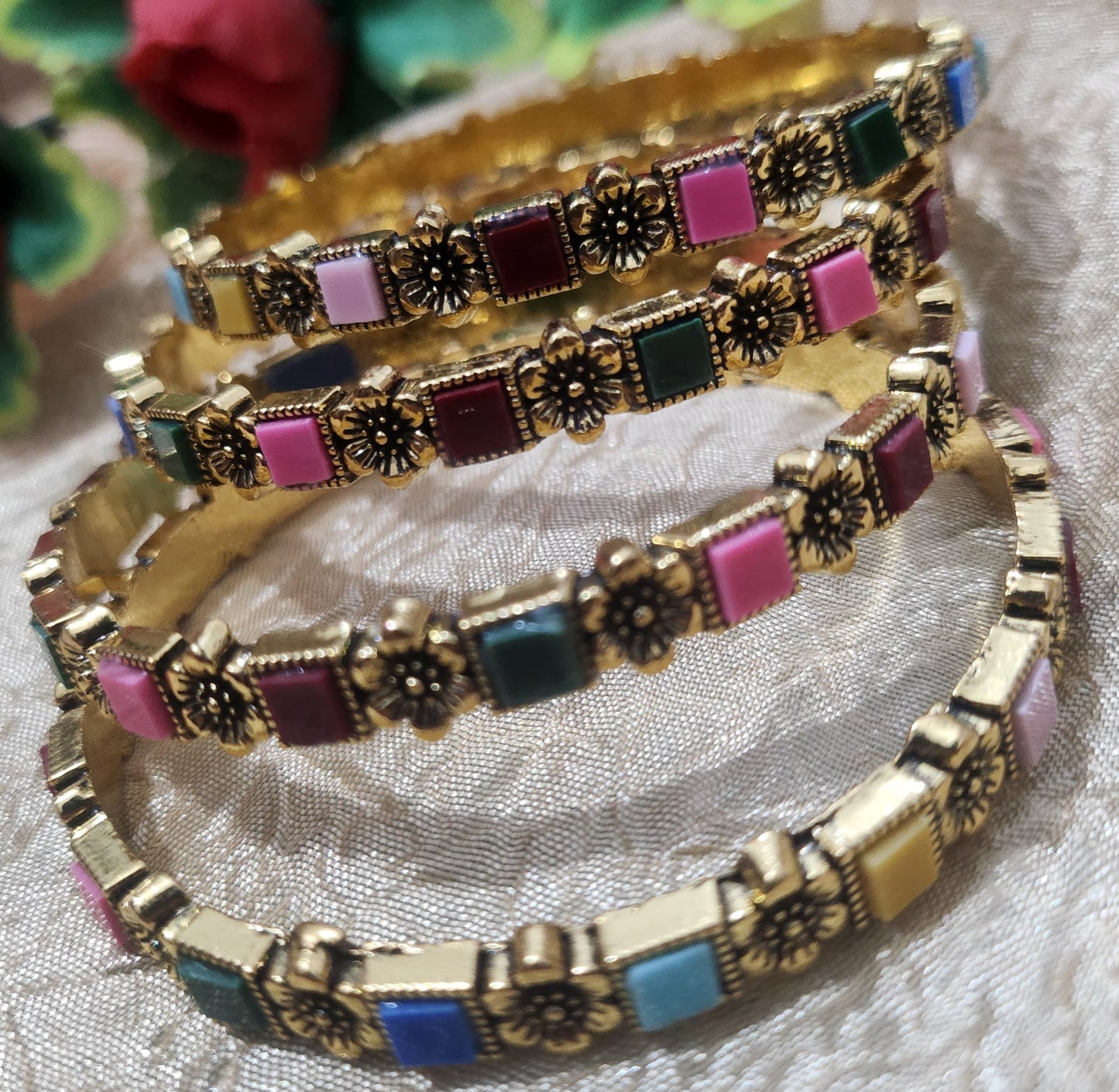Elegant Multicolor Enamel Gold-Toned Bangles Set jewelry