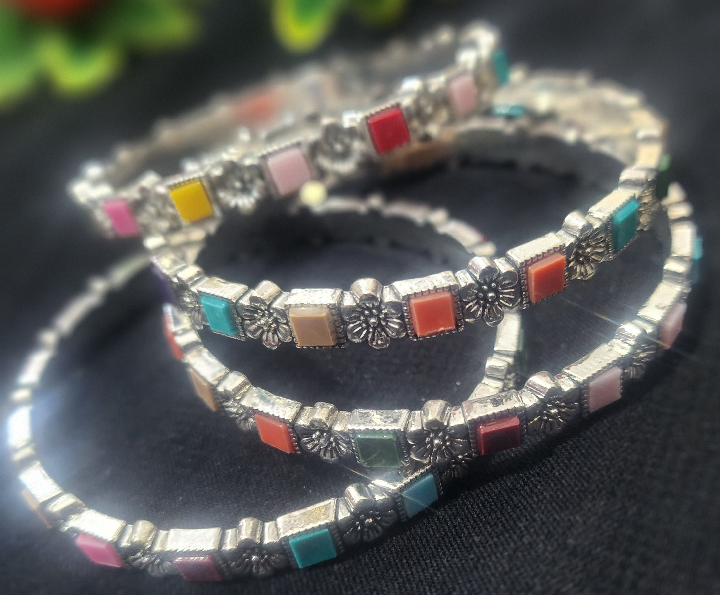 Stylish Silver-Plated Multicolor Enamel Bangles Set jewelry