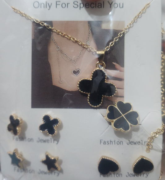 Black Enamel Clover Necklace, Ring & Multi-Shape Studs | Gold-Tone Fashion jewelry Set
