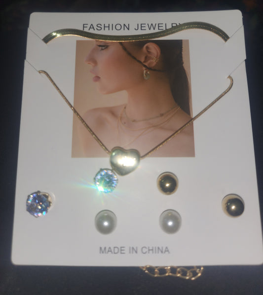 Gold-Tone Puffy Heart Necklace & 3-Pair Stud Earring Jewelry Set | Classic Style