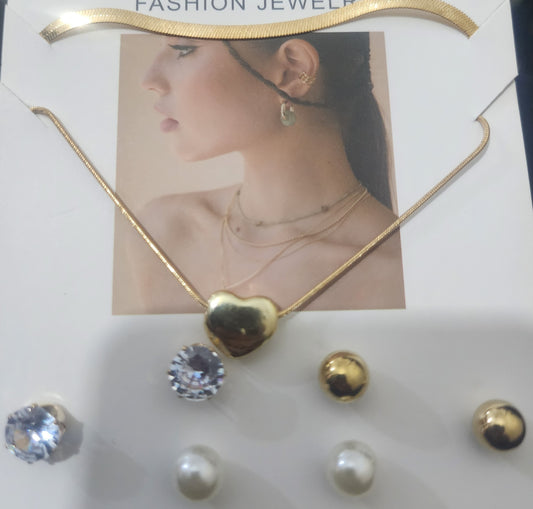 Gold-Tone Puffy Heart Necklace & 3-Pair Stud Earring Jewelry Set | Classic Style
