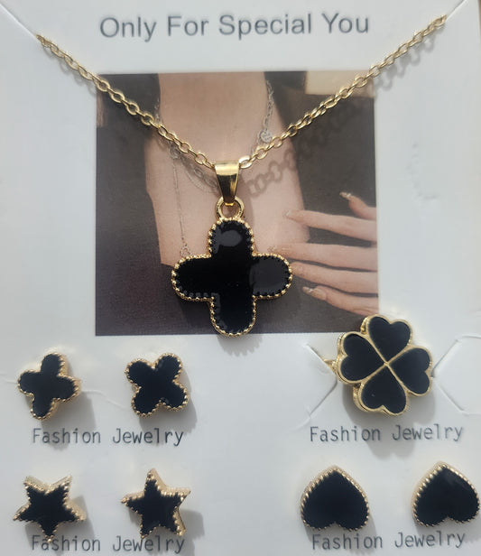 Black Enamel Clover Necklace, Ring & Multi-Shape Studs | Gold-Tone Fashion jewelry Set
