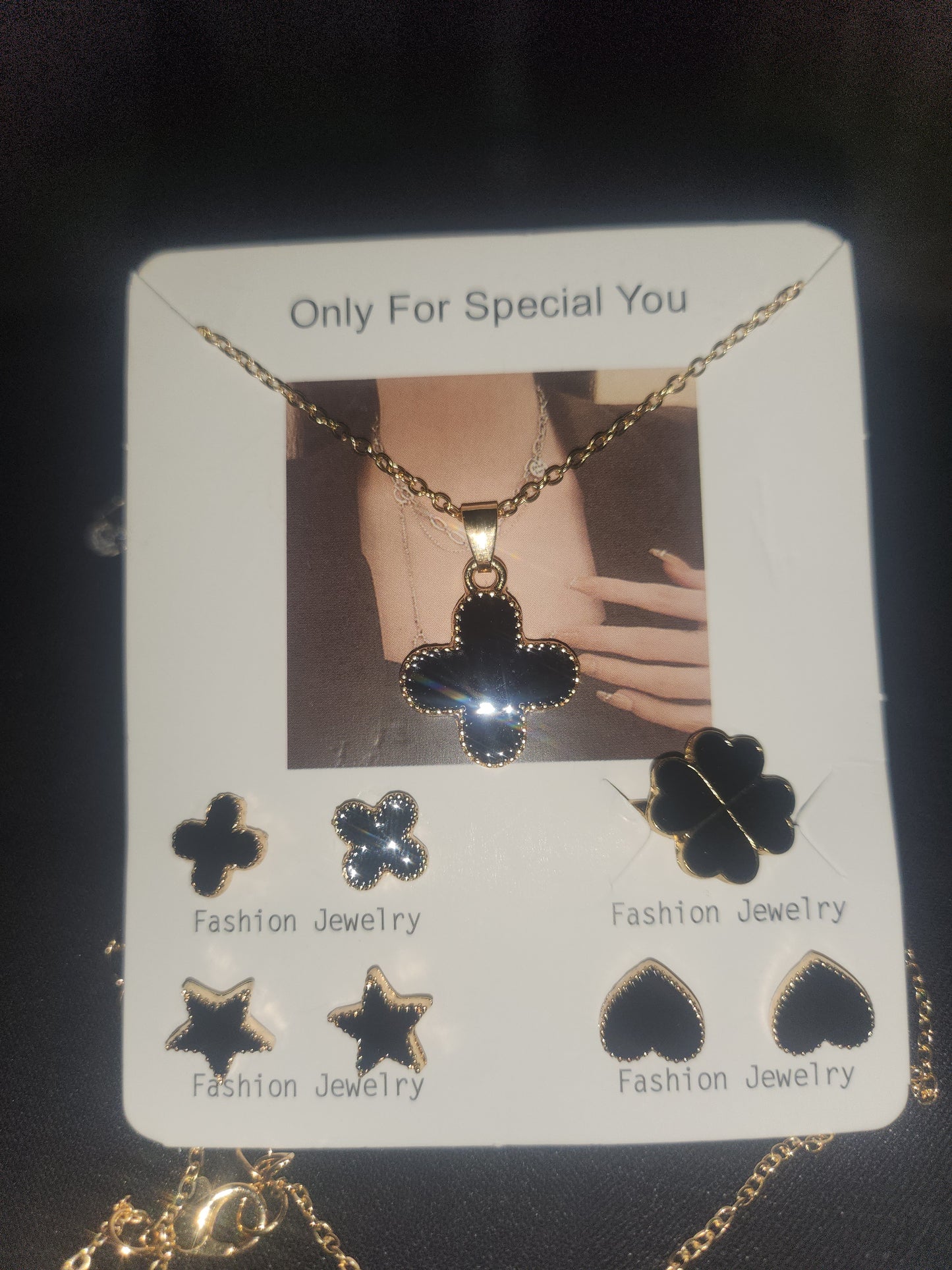 Black Enamel Clover Necklace, Ring & Multi-Shape Studs | Gold-Tone Fashion jewelry Set