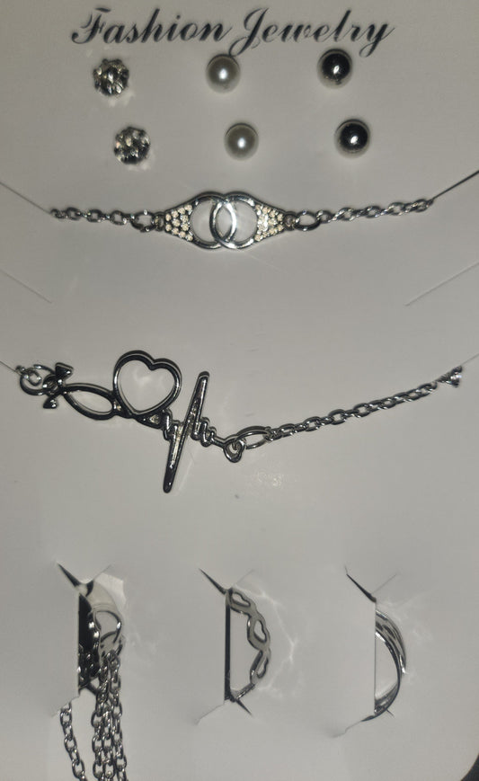 Unique Silver-Tone Jewelry Set | ECG Heartbeat Necklace, Choker & Multi-Style Earrings