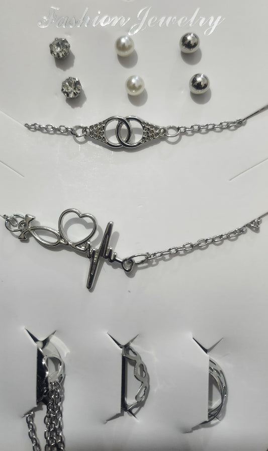 Unique Silver-Tone Jewelry Set | ECG Heartbeat Necklace, Choker & Multi-Style Earrings