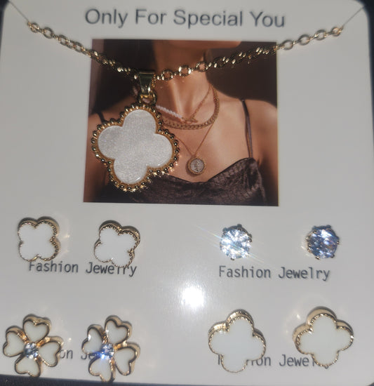 Gold-Tone Clover Pendant Necklace & 4-Pair Stud Earring Set | White Enamel fashion jewelry