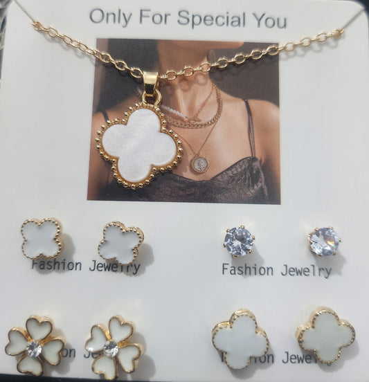 Gold-Tone Clover Pendant Necklace & 4-Pair Stud Earring Set | White Enamel fashion jewelry