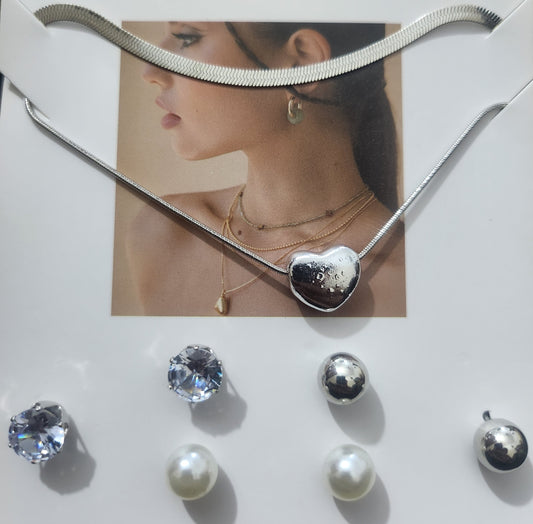 Silver-Tone Heart Pendant Necklace & 3-Pair Stud Earring jewelry Set