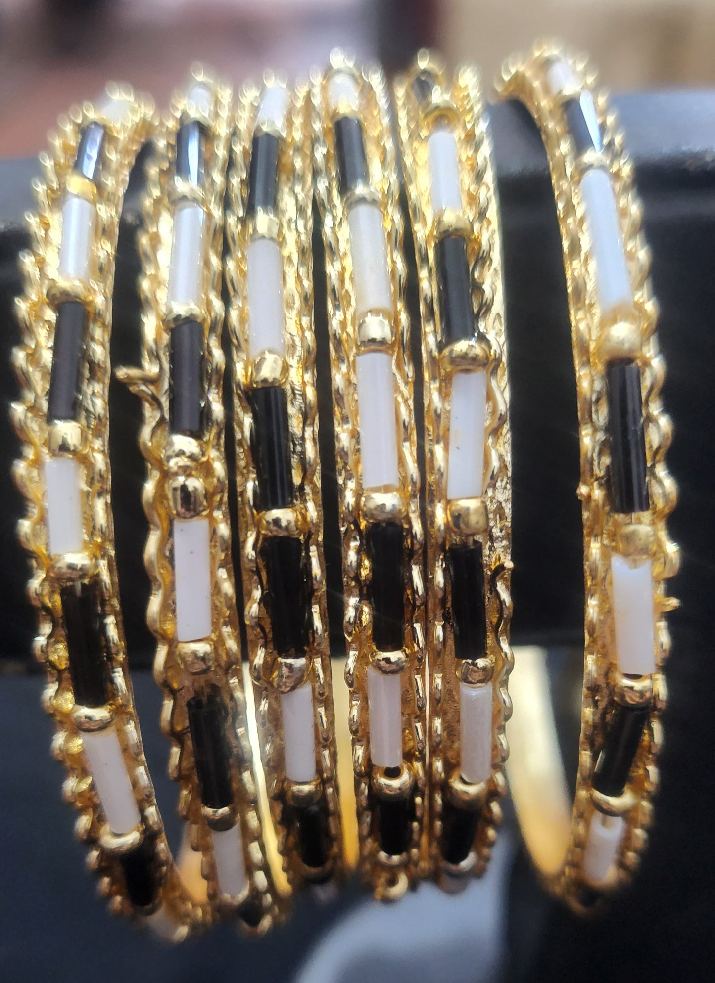 Black and White Beadwork Gold-Tone Bangle Set | Stackable Fashion jewelry