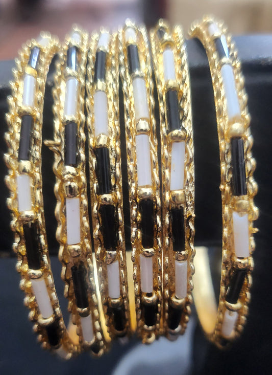 Black and White Beadwork Gold-Tone Bangle Set | Stackable Fashion jewelry