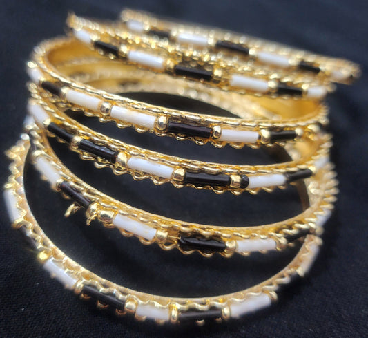 Black and White Beadwork Gold-Tone Bangle Set | Stackable Fashion jewelry