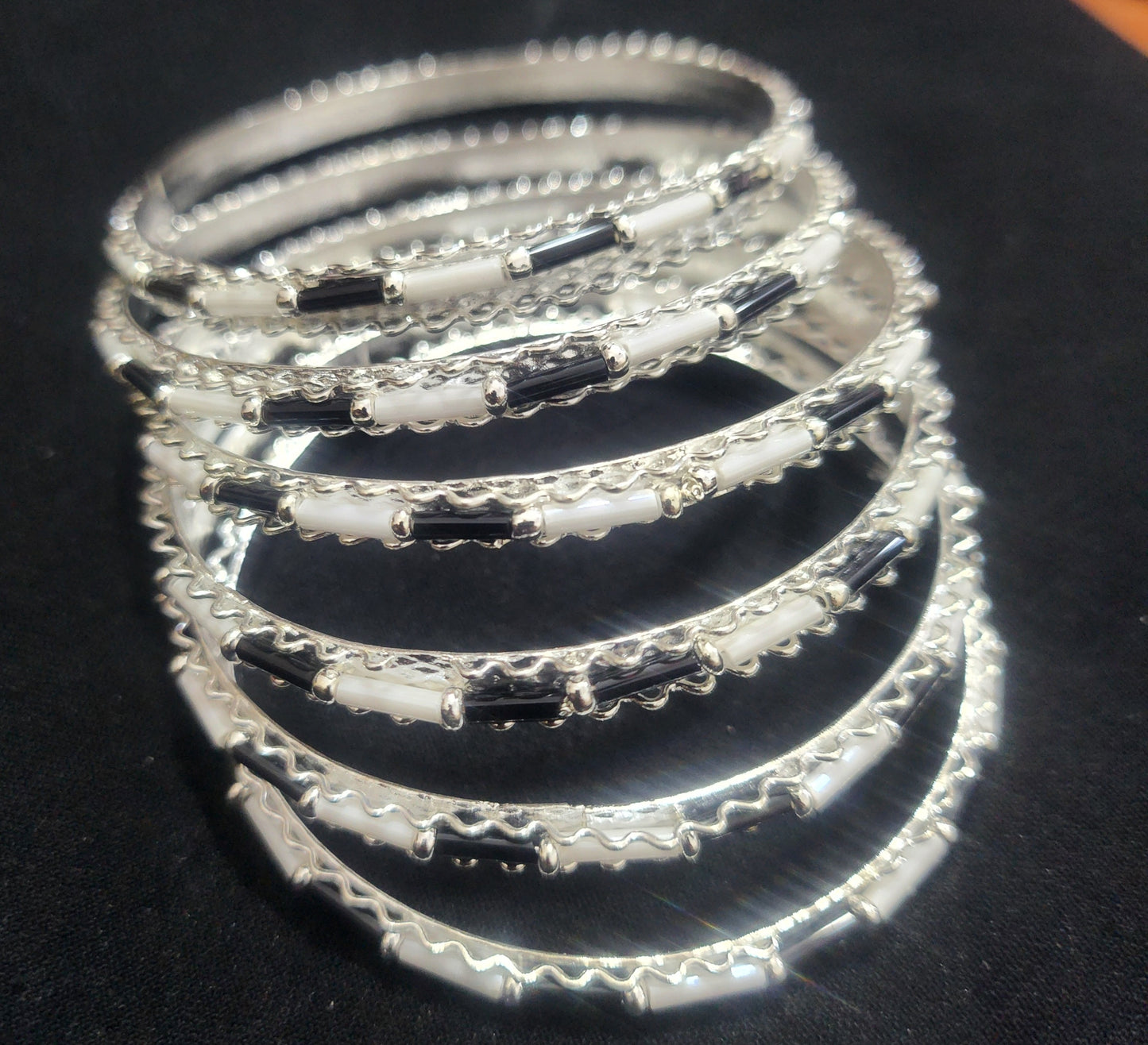 Elegant Silver-Plated Black & White Enamel Bangle Set jewelry