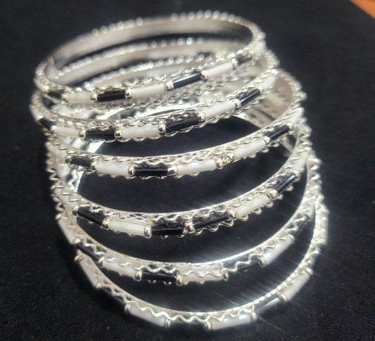 Elegant Silver-Plated Black & White Enamel Bangle Set jewelry