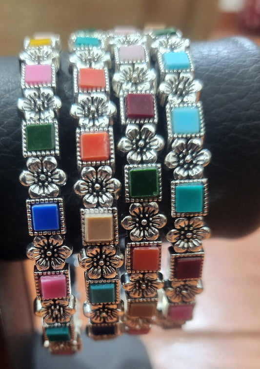 Stylish Silver-Plated Multicolor Enamel Bangles Set jewelry