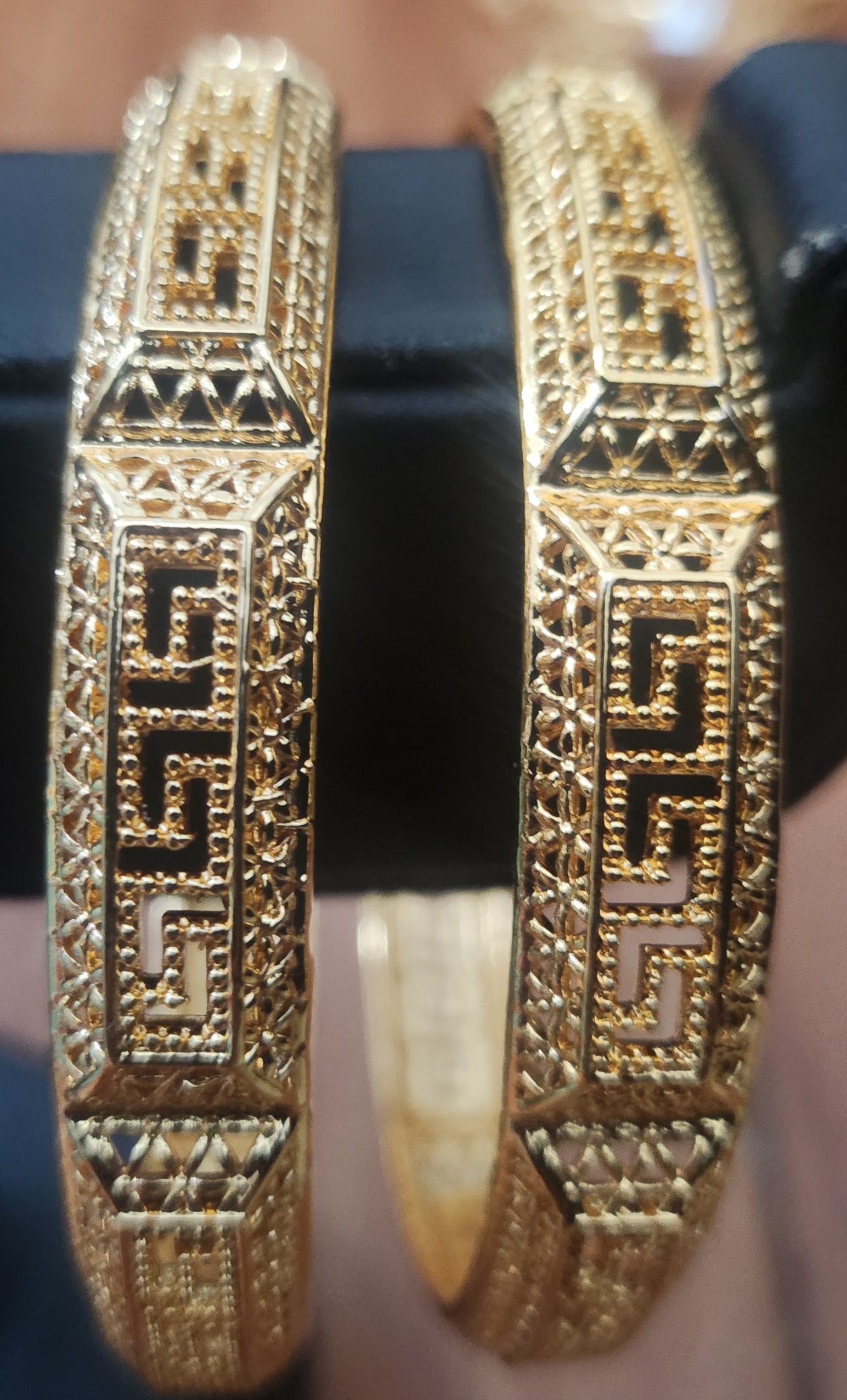 Opulent Gold-Tone Traditional Cutwork Jewelry Bangle Pair (Floral Medallions)