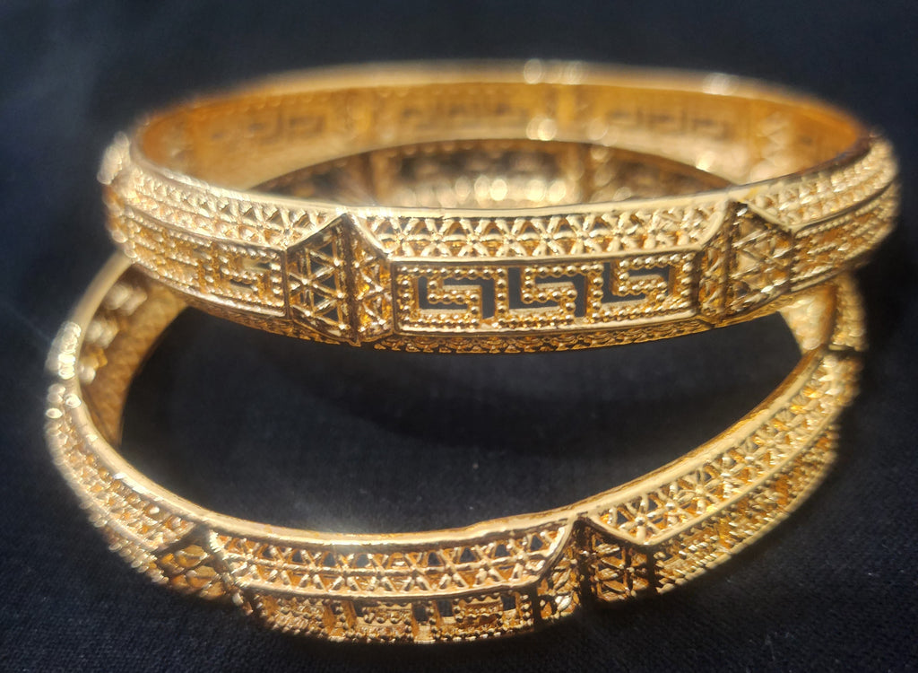 Opulent Gold-Tone Traditional Cutwork Jewelry Bangle Pair (Floral Medallions)