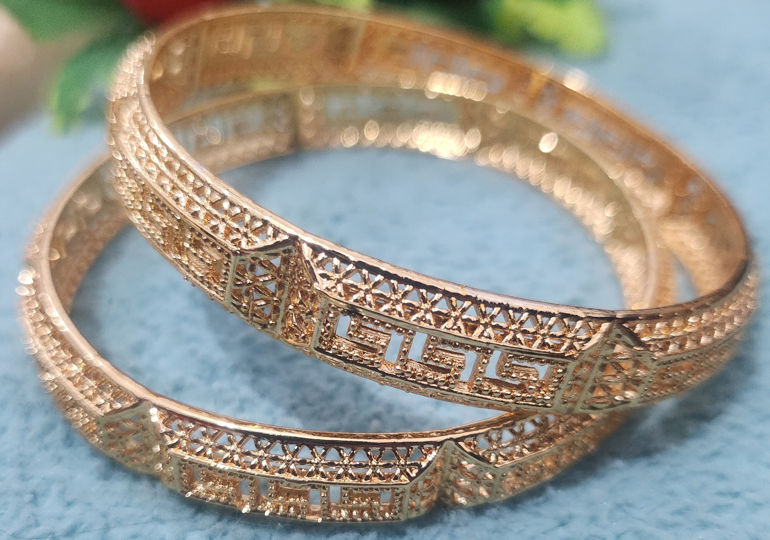 Opulent Gold-Tone Traditional Cutwork Jewelry Bangle Pair (Floral Medallions)