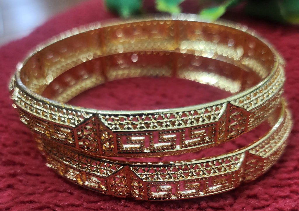 Opulent Gold-Tone Traditional Cutwork Jewelry Bangle Pair (Floral Medallions)