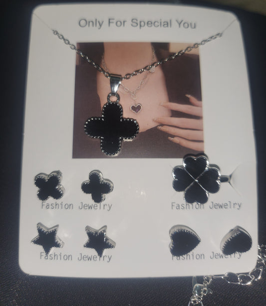 Black Enamel Clover Necklace & Multi-Shape Studs Set | Silver-Tone Fashion Jewelry