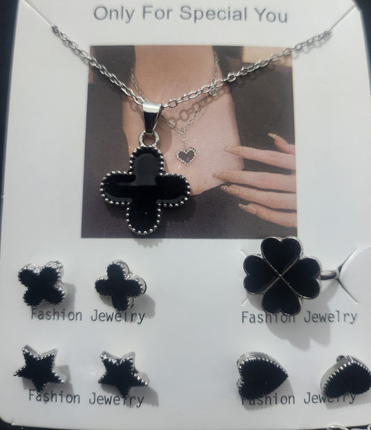 Black Enamel Clover Necklace & Multi-Shape Studs Set | Silver-Tone Fashion Jewelry