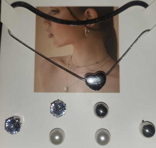 Silver-Tone Heart Pendant Necklace & 3-Pair Stud Earring jewelry Set