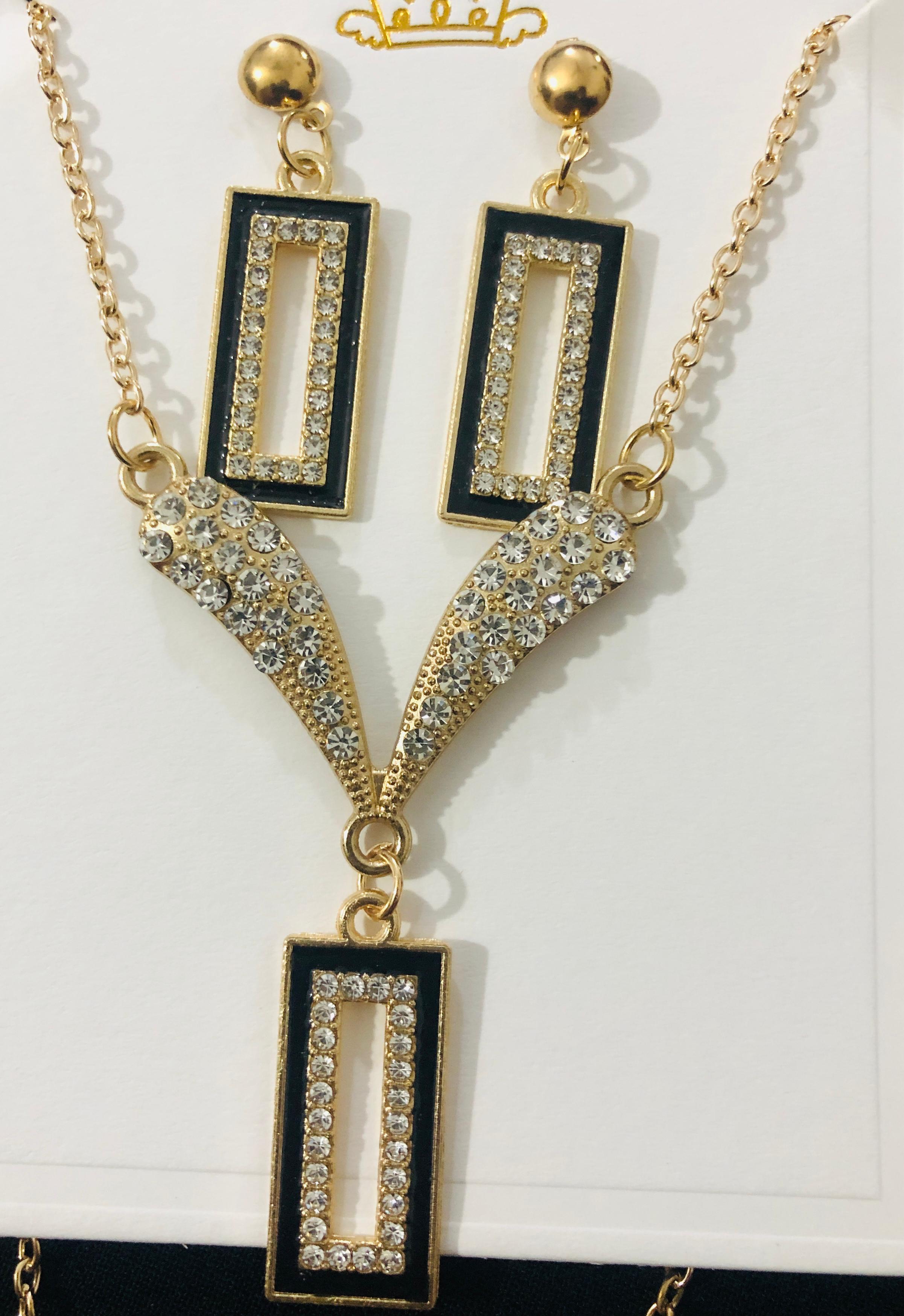 Modern Geo-Frame Jewelry Set - Gold Tone Necklace and Dangle Earrings with Black Enamel and Crystal Accents