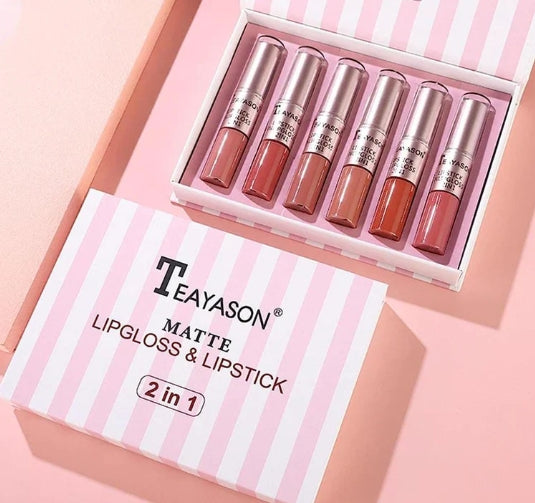 TEAYASON 6 Pcs Matte 2in1 Lipgloss & Lipstick Set B