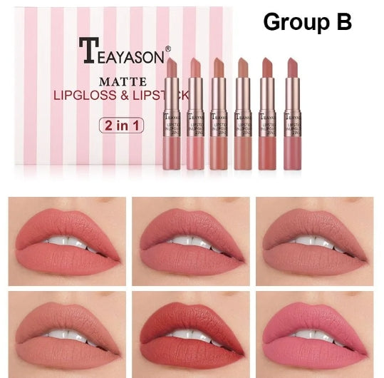 TEAYASON 6 Pcs Matte 2in1 Lipgloss & Lipstick Set B