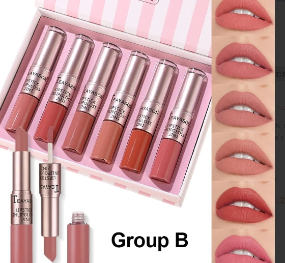 TEAYASON 6 Pcs Matte 2in1 Lipgloss & Lipstick Set B