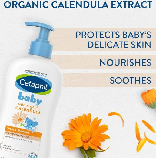 Cetaphil Baby Wash & Shampoo with Organic Calendula Tear-Free – 400ml | Gentle Skincare for Babies