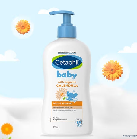 Cetaphil Baby Wash & Shampoo with Organic Calendula Tear-Free – 400ml | Gentle Skincare for Babies