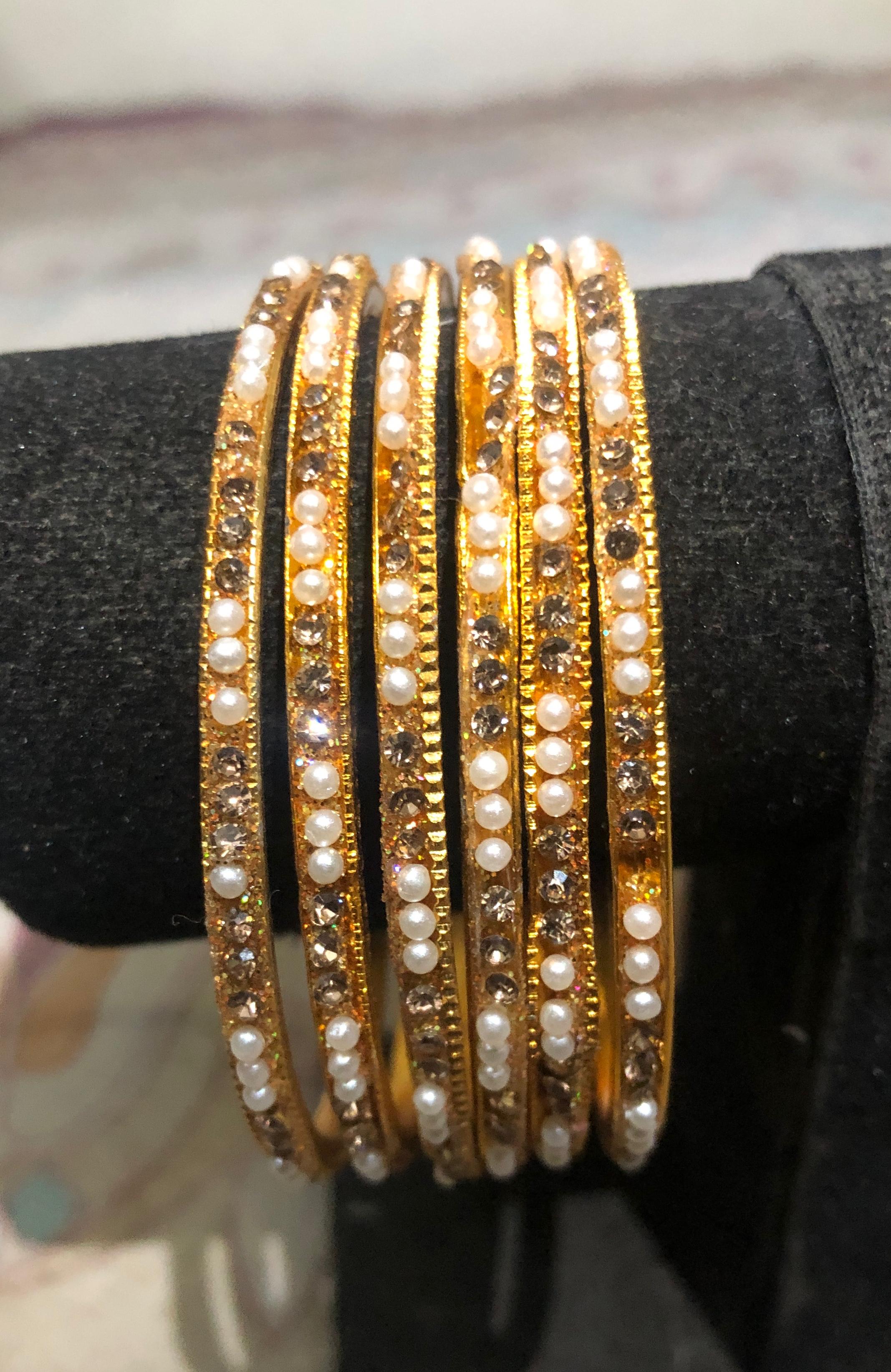 Elegant Pearl and Crystal Gold-Tone Bangle Jewelry Set (Set of 6)