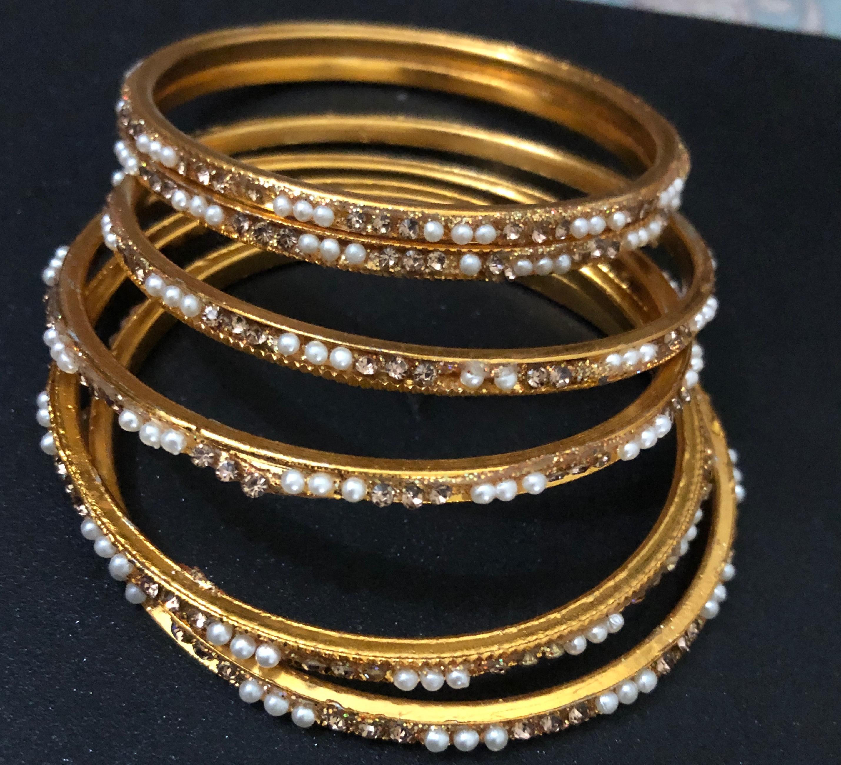 Elegant Pearl and Crystal Gold-Tone Bangle Jewelry Set (Set of 6)