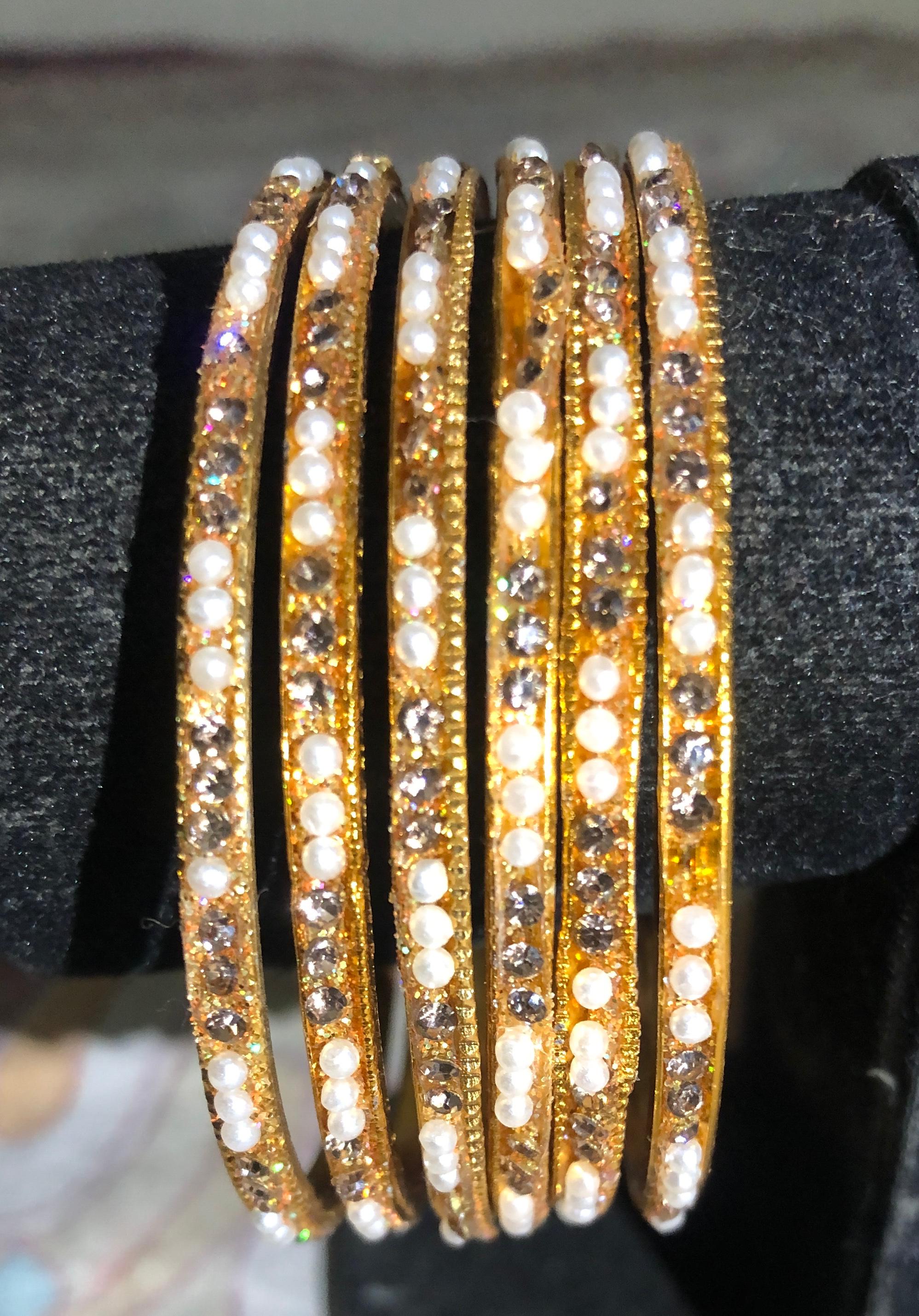 Elegant Pearl and Crystal Gold-Tone Bangle Jewelry Set (Set of 6)