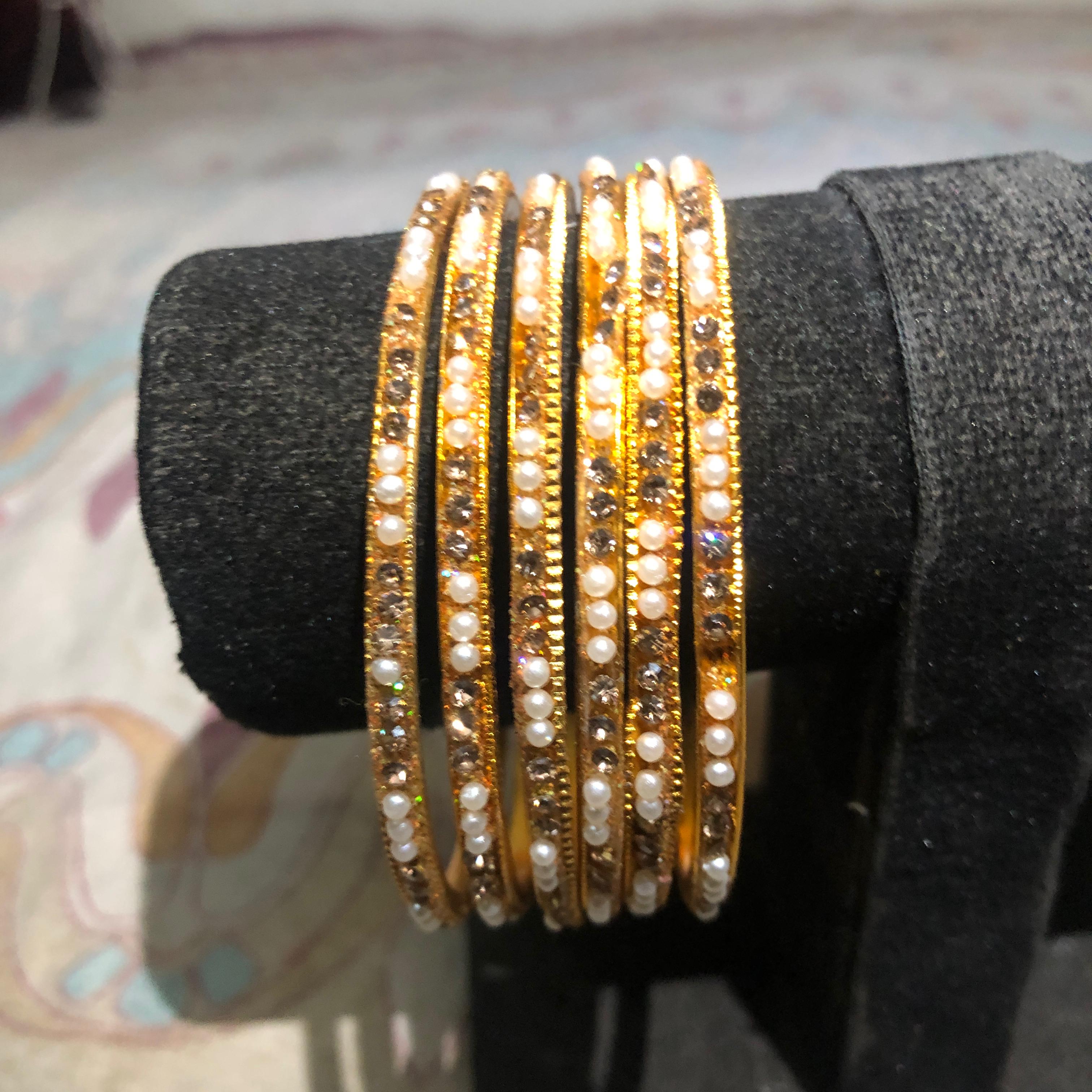 Elegant Pearl and Crystal Gold-Tone Bangle Jewelry Set (Set of 6)