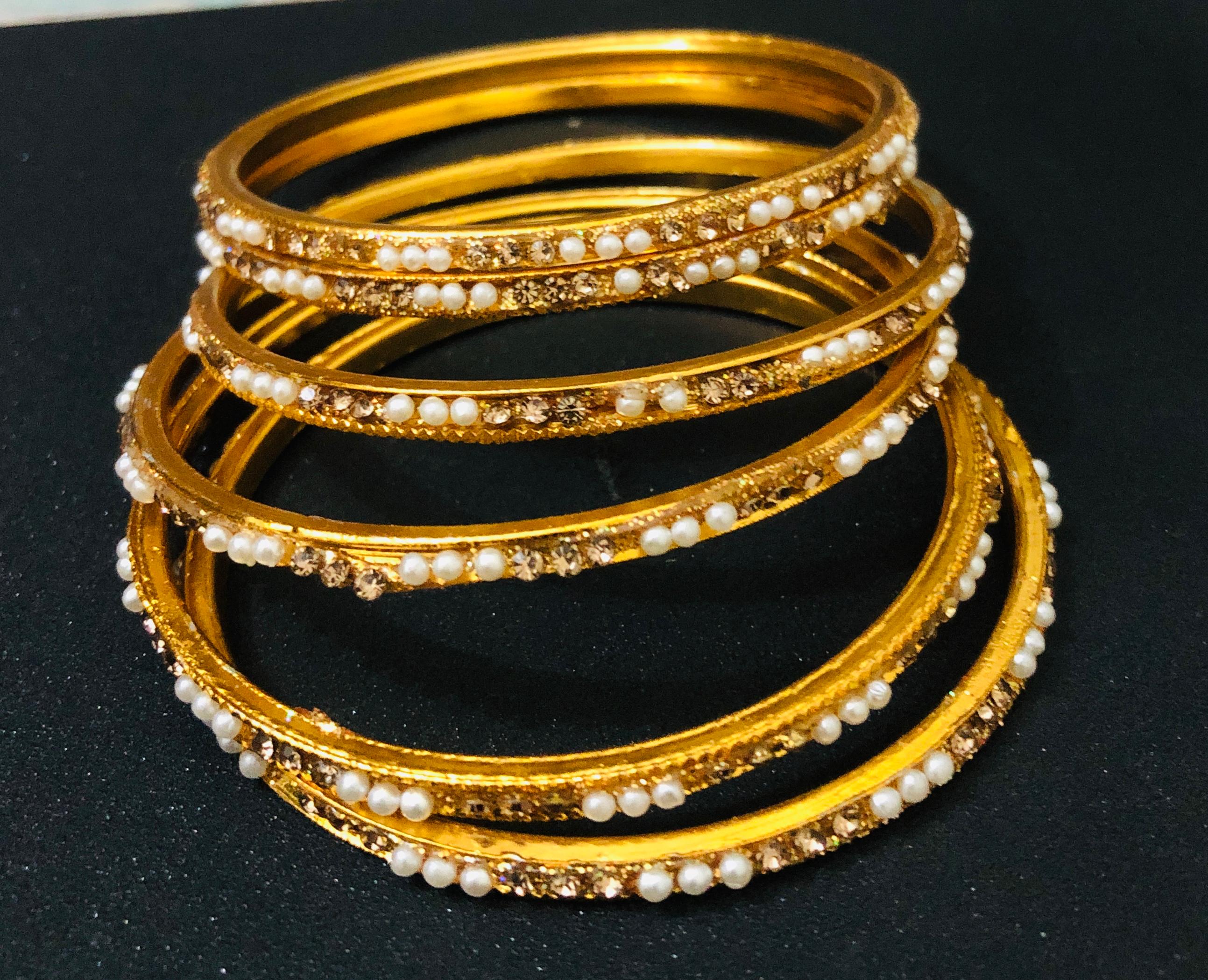 Elegant Pearl and Crystal Gold-Tone Bangle Jewelry Set (Set of 6)