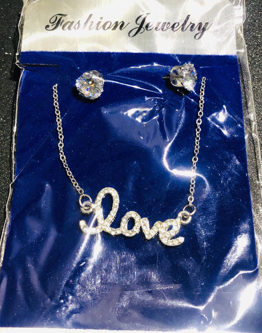 "Love" Script Pendant Necklace and Solitaire Jewelry Set