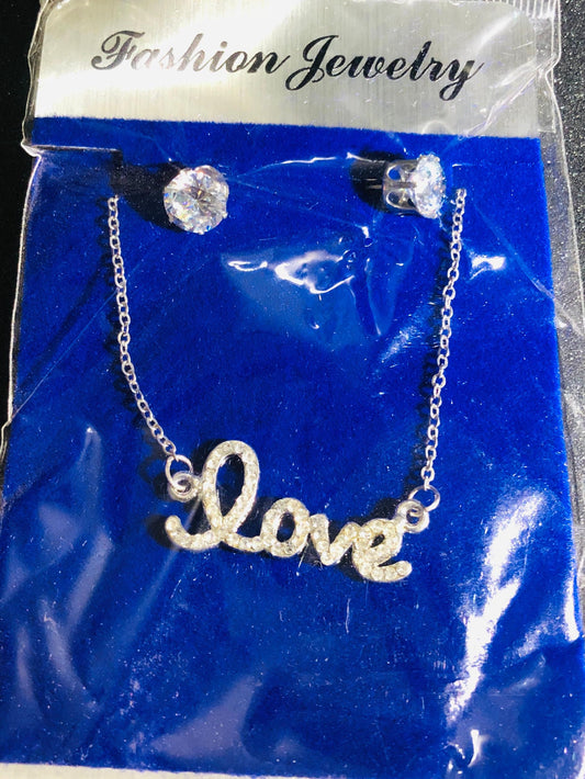 "Love" Script Pendant Necklace and Solitaire Jewelry Set
