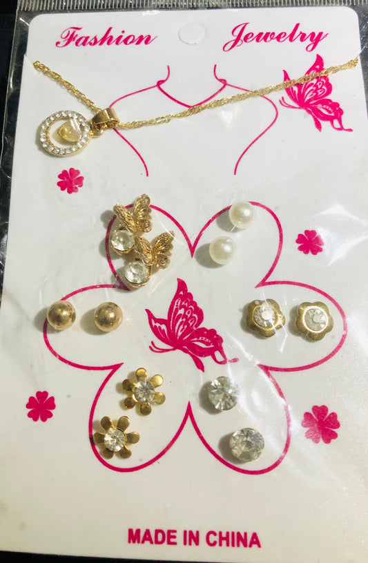 7-Piece Gold-Tone Fashion Jewelry Set with Necklace and Assorted Earrings