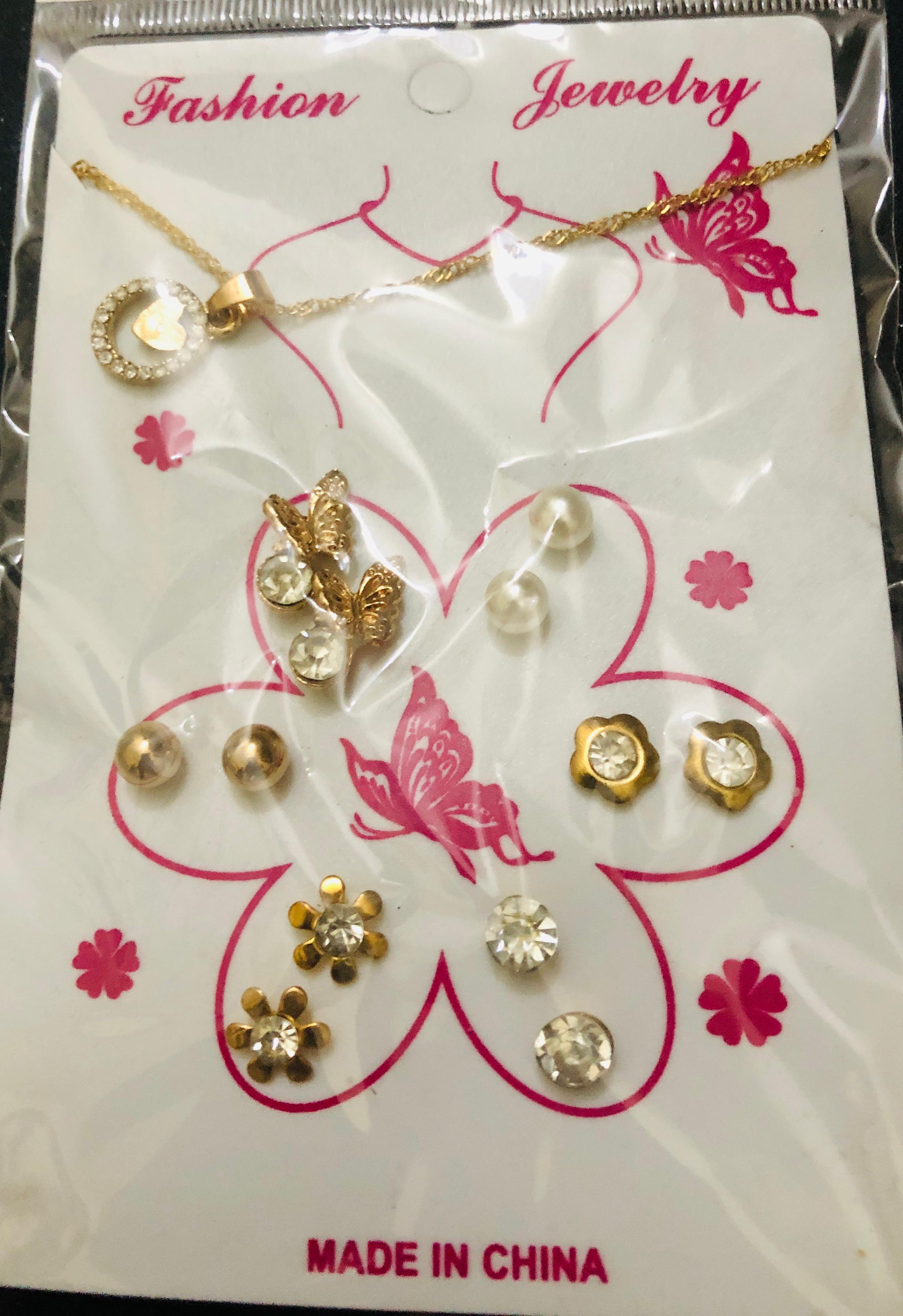 7-Piece Gold-Tone Fashion Jewelry Set with Necklace and Assorted Earrings