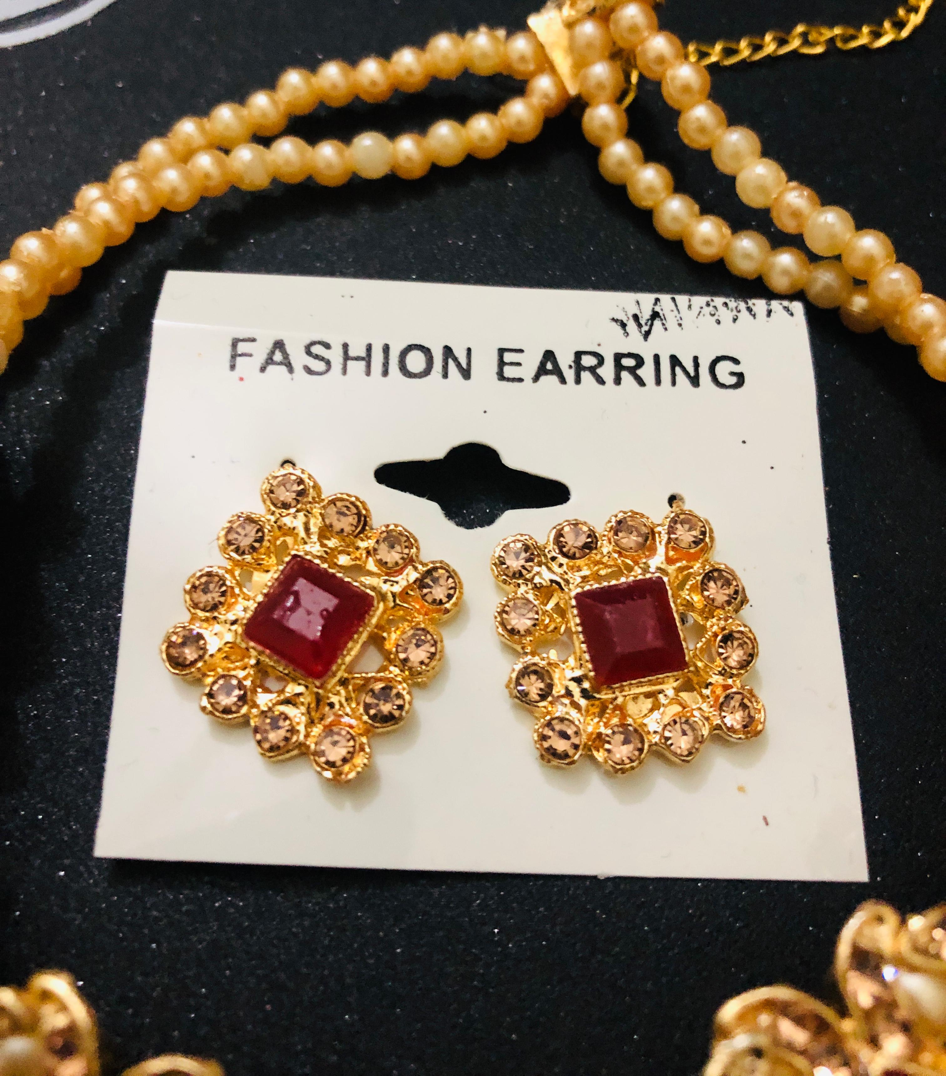 Traditional Gold-Tone Faux Pearl Choker Necklace and Stud Earring Set jewelry