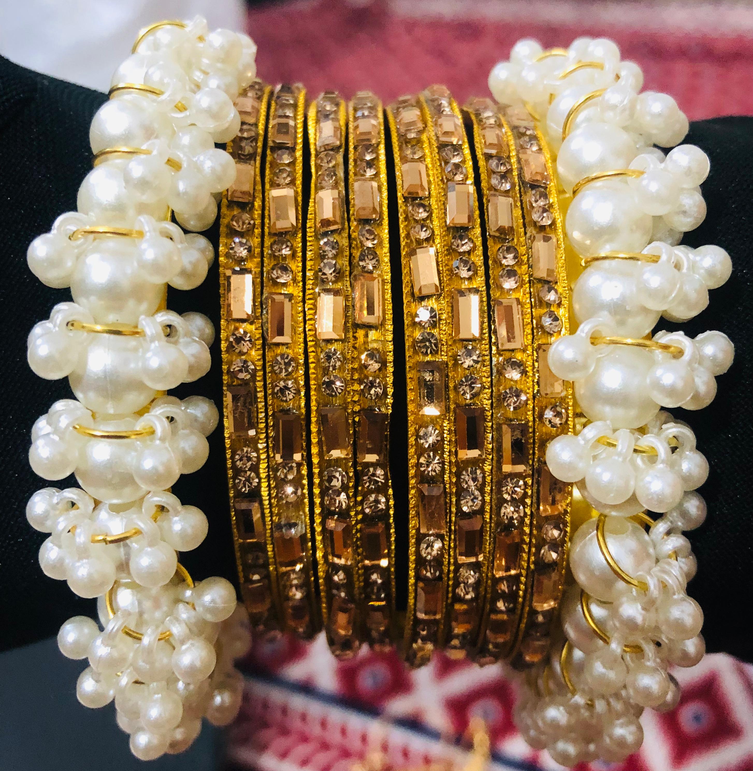 Champagne Crystal & Pearl Cluster Bangle Jewelry Set