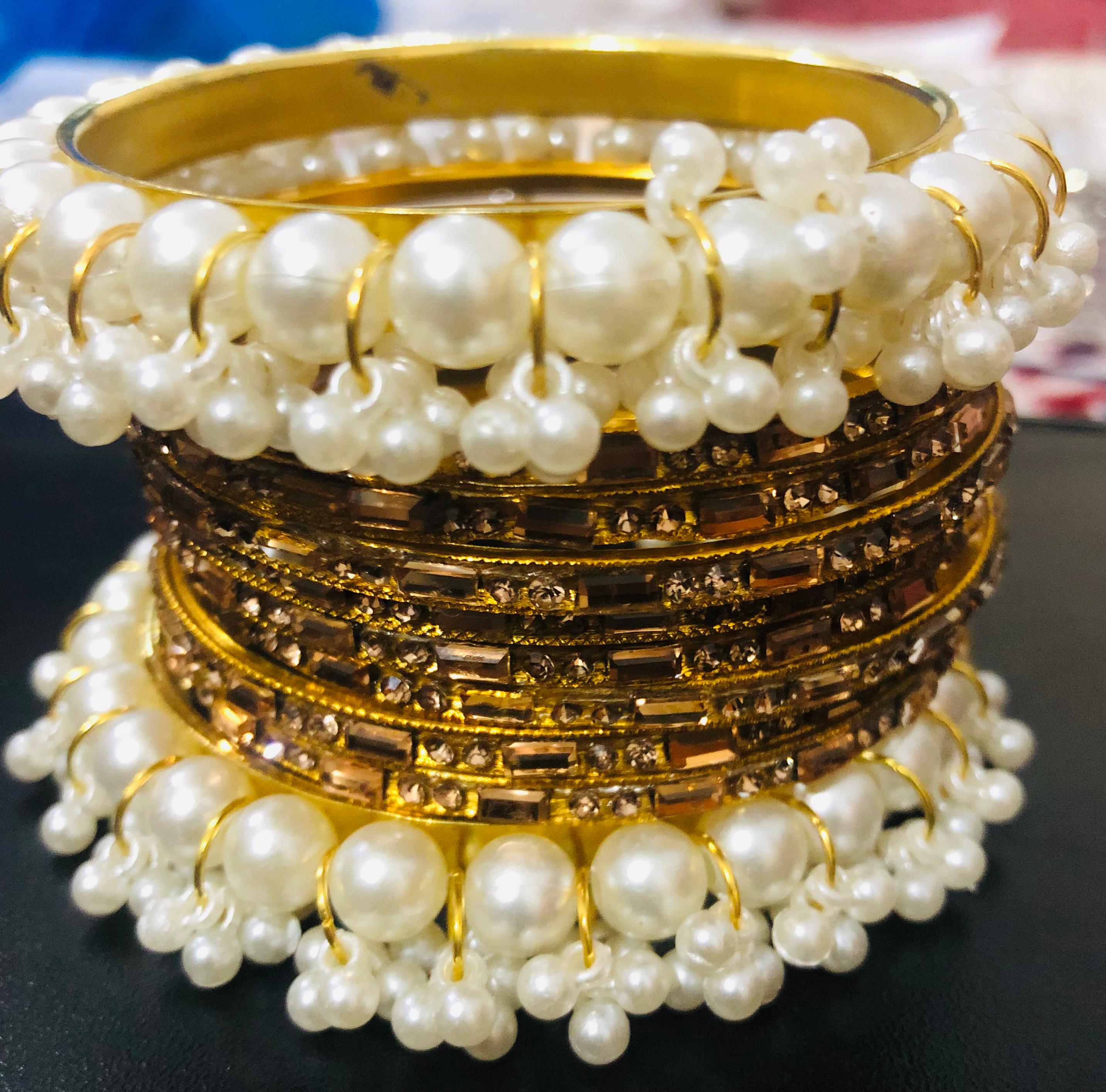 Champagne Crystal & Pearl Cluster Bangle Jewelry Set