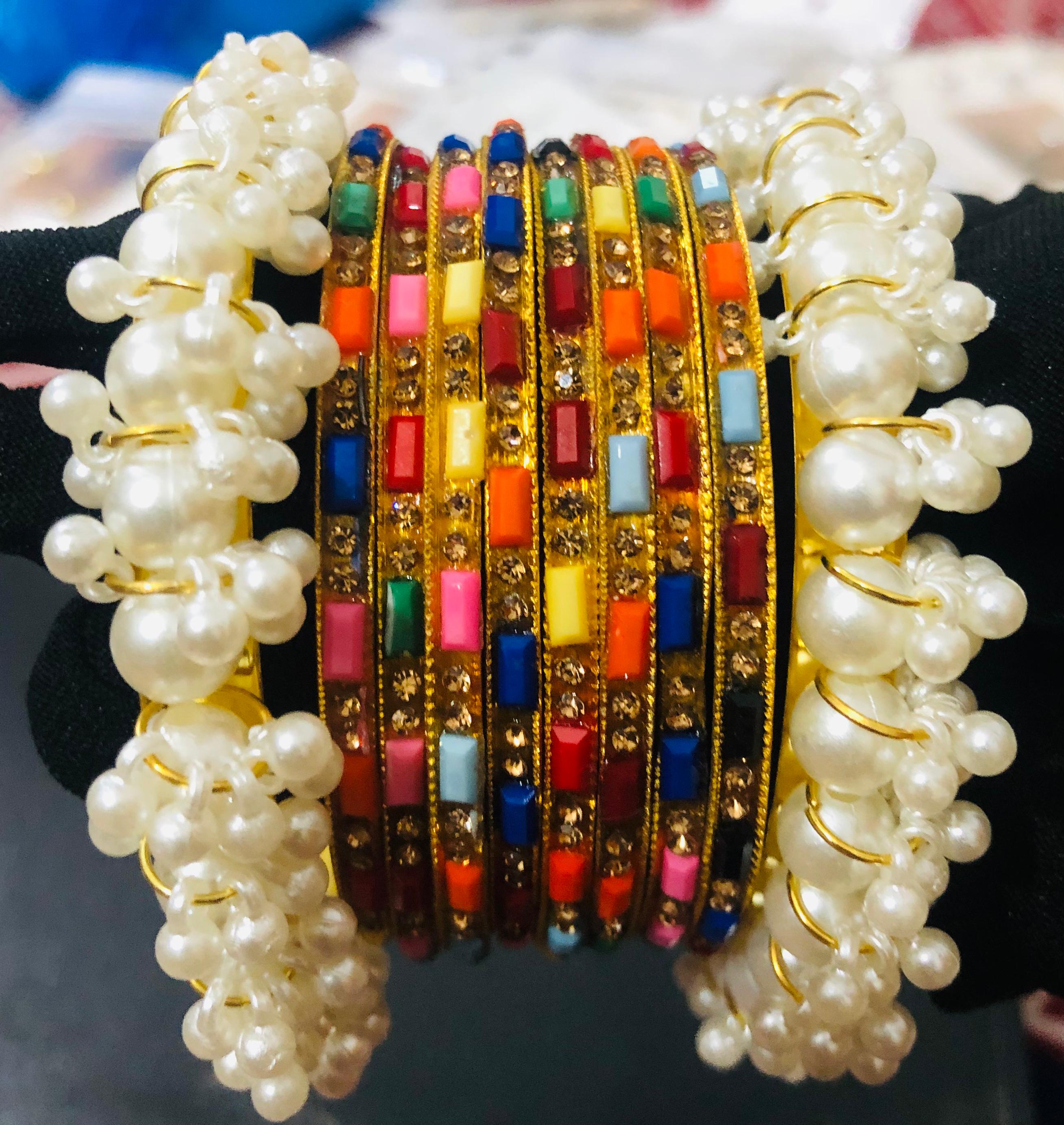 Rainbow Mosaic Enamel & Pearl Cluster Bangle Jewelry Set