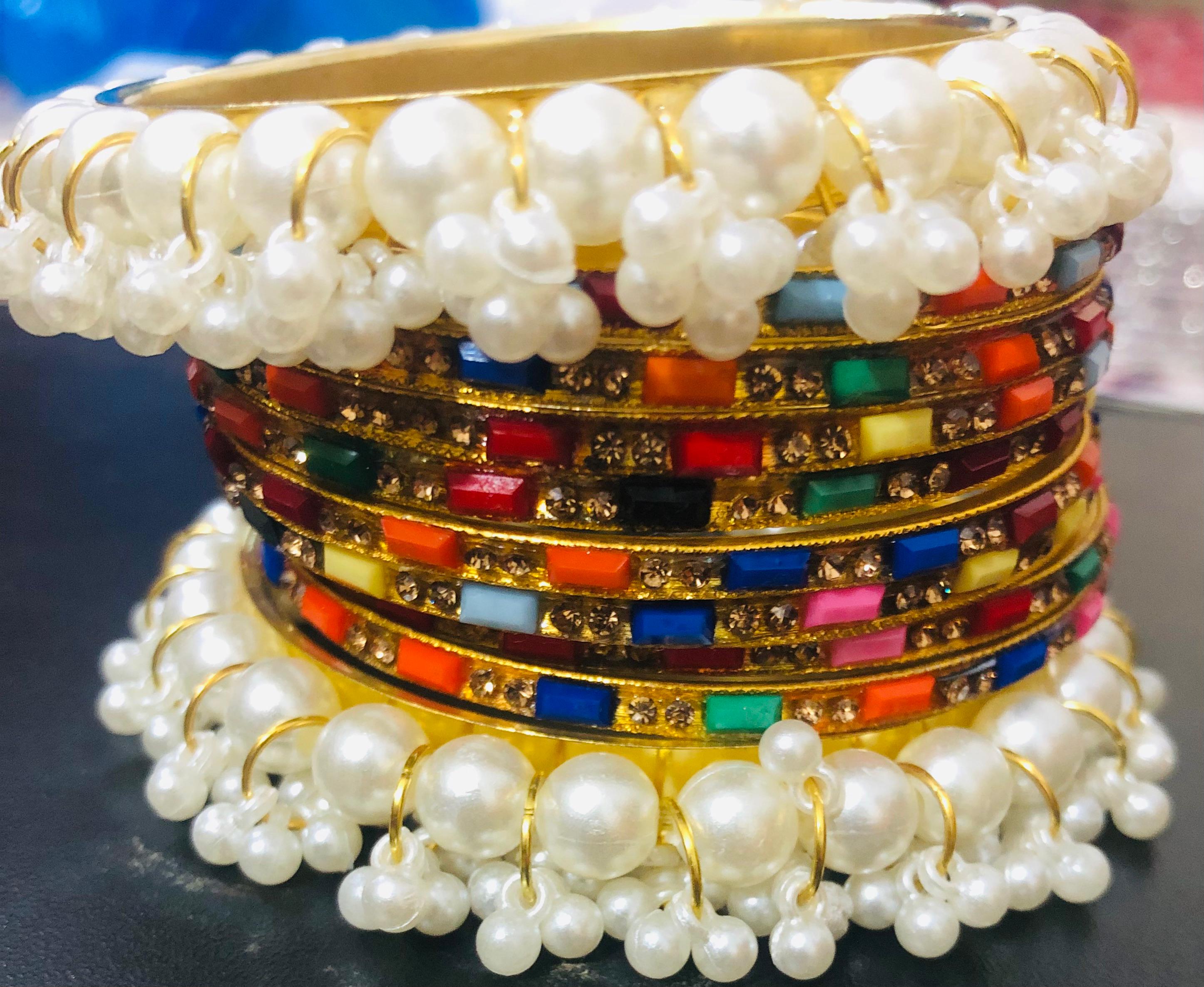 Rainbow Mosaic Enamel & Pearl Cluster Bangle Jewelry Set