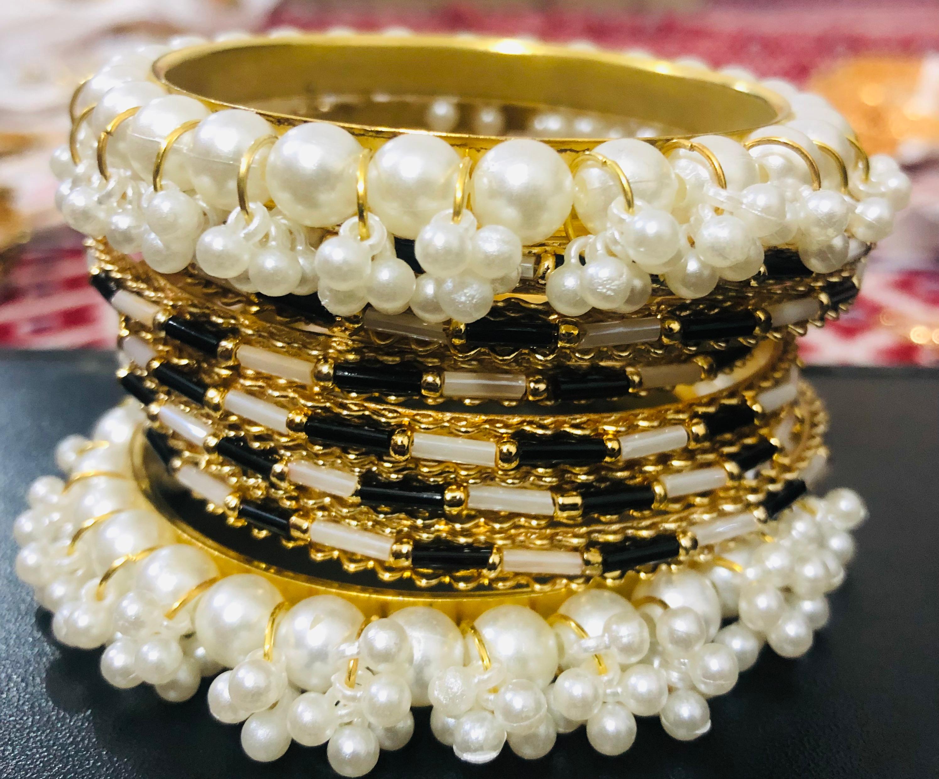 Black, White, and Gold Beaded & Pearl Cluster Bangle Jewelry Set